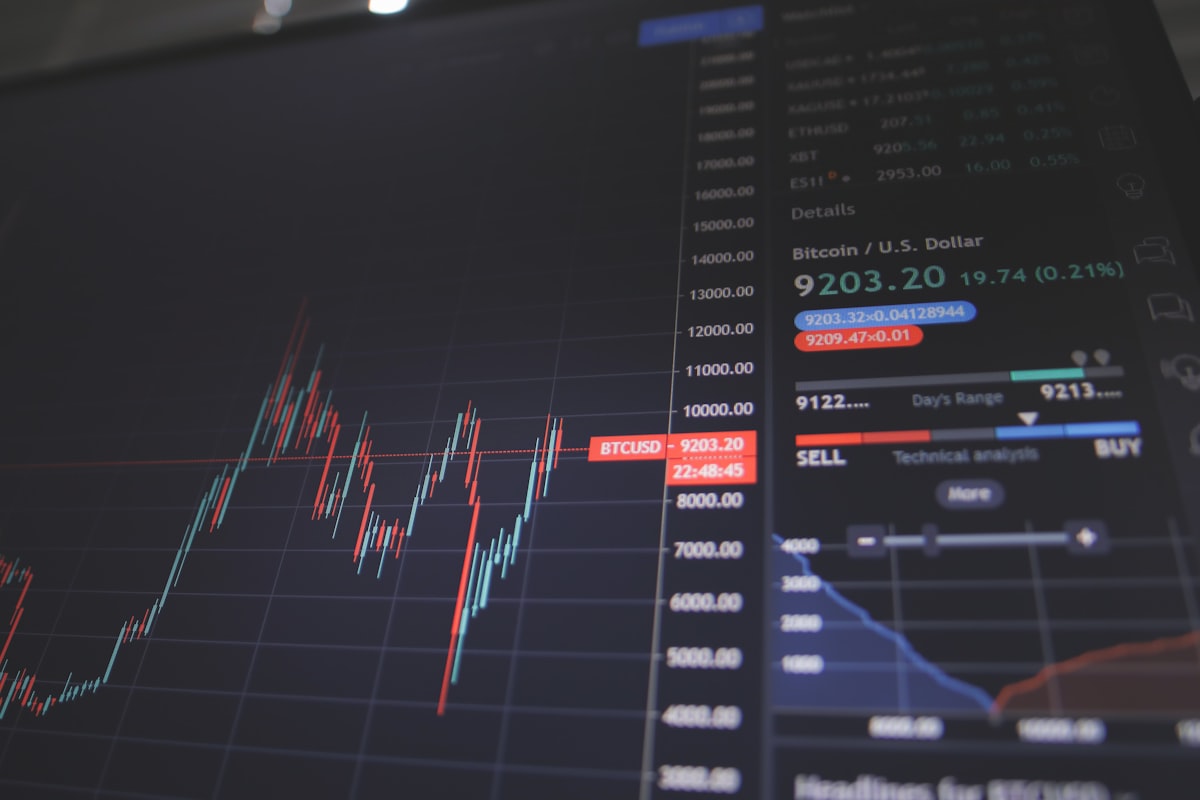 暗いトレーディング画面に並ぶローソク足とBUY・SELLの表示