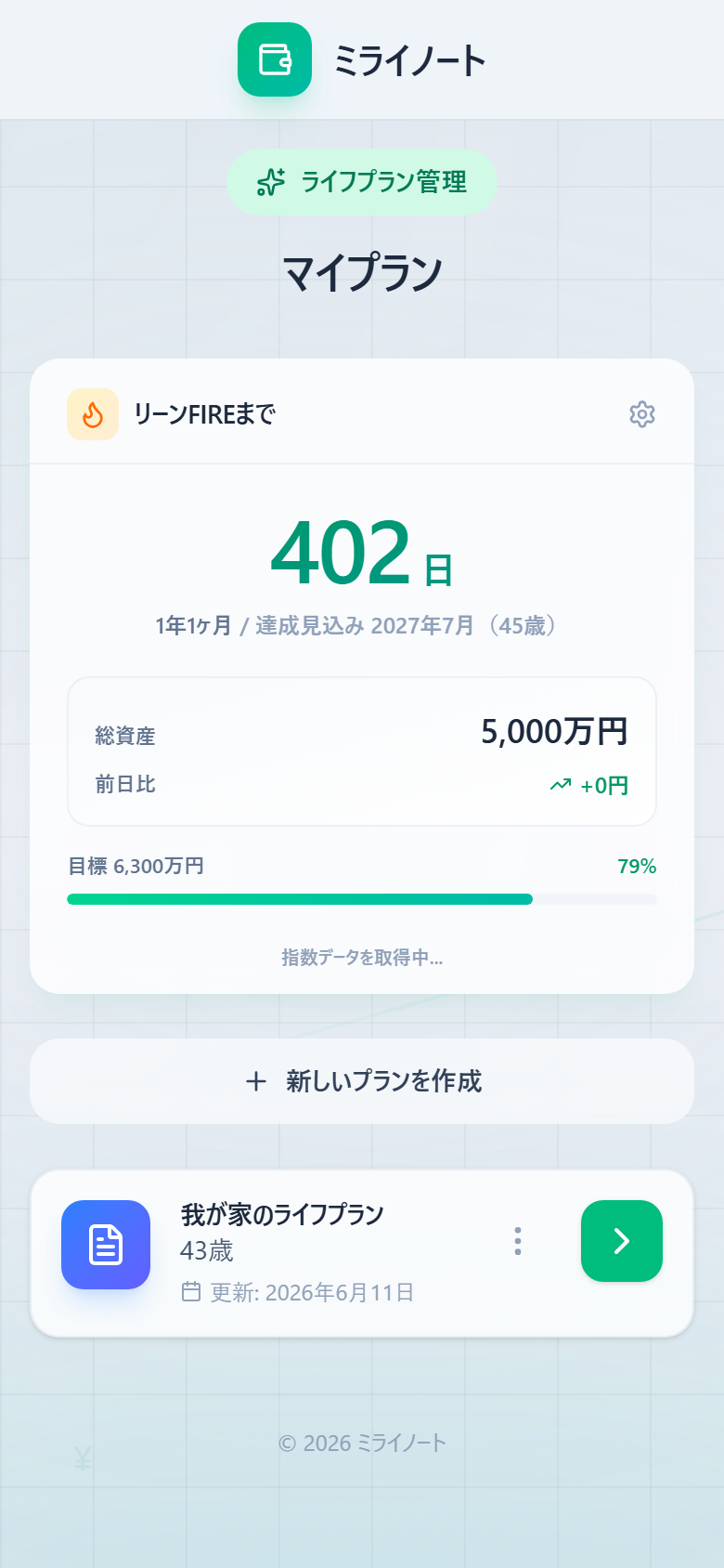 自作したFIREカウントダウンアプリのホーム画面。総資産とFIREまでの残り日数が表示されている